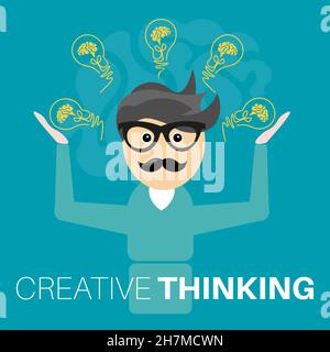 Man juggling with brain filled lightbulbs and new ideas - creative thinking concept vector EPS illustration. Stock Vector
