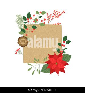 Merry Christmas empty recycled paper frame background with winter nature decoration in modern flat cartoon style. Eco friendly holiday celebration con Stock Vector