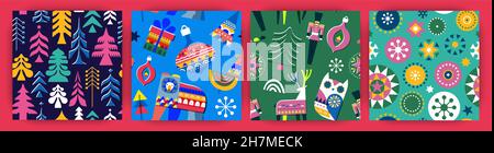 Festive winter holiday folk seamless pattern set. Colorful vintage scandinavian art style background collection with traditional nordic decoration, fo Stock Vector