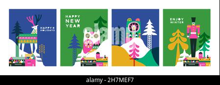 Happy winter holiday greeting card set. Modern flat geometric illustration collection in scandinavian art style. Winter city with colorful pine tree f Stock Vector