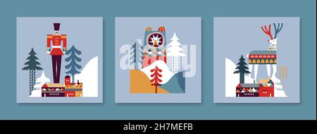 Winter season greeting card illustration set. Vintage scandinavian art style collection for generic holiday event or children concept. Cute flat nordi Stock Vector