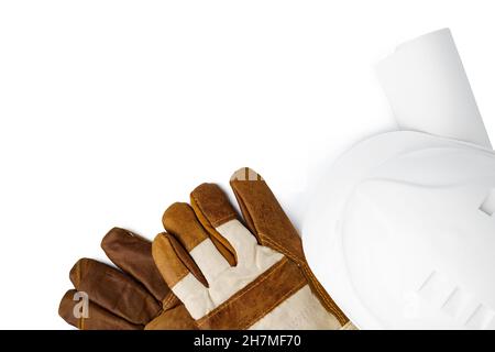 Safety hardhat and blueprints isolated on white background Stock Photo