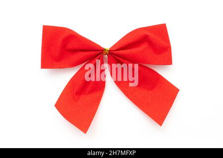 Red bow, bow-knot, isolated on white. Top view. Stock Photo