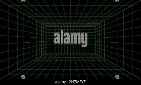 3d wireframe grid room. 3d perspective laser grid 16 9.. Cyberspace black background with green mesh. Futuristic digital hallway space in virtual Stock Vector