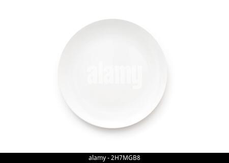 Round ceramic plate isolated on white. Plate mockup,  top view Stock Photo