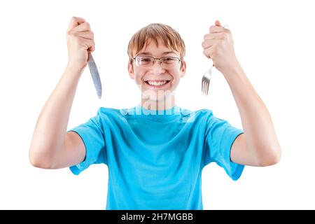 Happy Teenager with Cutlery Isolated on the White Background Stock Photo