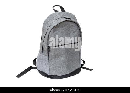 Classic gray backpack isolated on white, side view Stock Photo