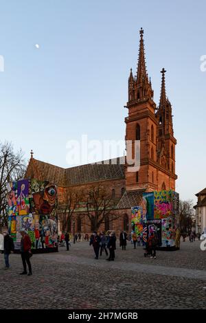 Basel, Switzerland - February 21. Cathedral square with carnival lantern exhibition Stock Photo