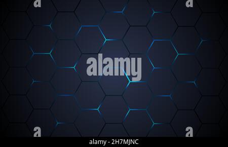 Dark gray hexagonal technology vector abstract background. Blue bright ...