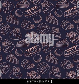 Seamless pattern with cakes and macaroons. Doodle desserts on dark.. background. Vector illustration. Stock Vector