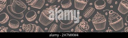 Seamless horizontal border with desserts and coffee. Confectionery background. Vector illustration. Stock Vector