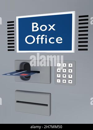3D illustration of a Box Office title on a kiosk screen, and a credit card is benig inserted into the appropriat slot. Stock Photo