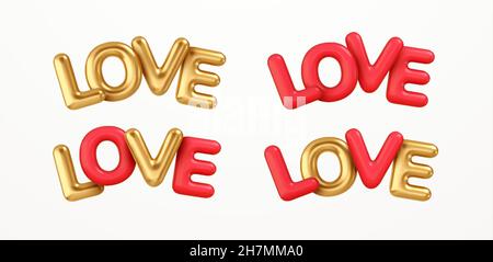 Realistic 3d render of the word Love isolated on a white background. Gold and red 3d rendering of the word Love. Vector illustration Stock Vector