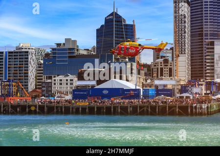 A simulated helicopter rescue of a man in Waitemata Harbour, Auckland, New Zealand, during the Seeport festival Stock Photo
