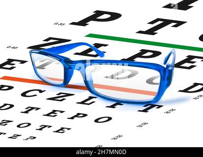 Blue glasses on Eye Test Chart Stock Photo