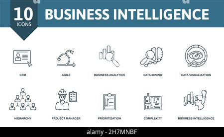 Business Intelligence icon set. Collection of simple elements such as the crm, agile, business analytics, data mining, complexity, project manager Stock Vector