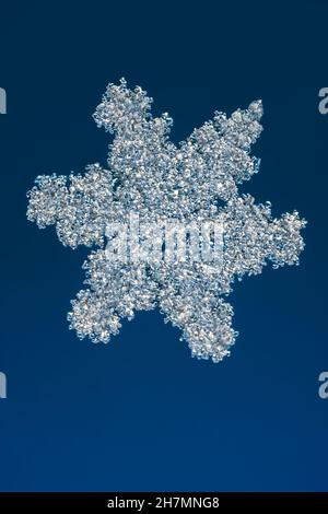 Real snowflake at high magnification. Macro photo of small snow bubbly crystal, snowflake glowing on dark blue background Stock Photo