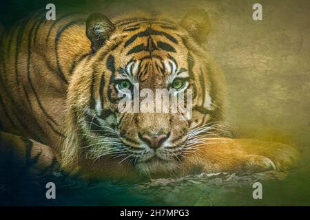 a tiger resting its head laying in the grass Stock Photo