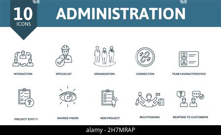 Administration icon set. Collection of simple elements such as the interaction, specialist, organization, connection, multitasking, shared vision Stock Vector