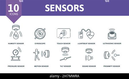 Sensor icon set. Collection of simple elements such as the water quality sensor, water sensor, humidity sensor, gyroscope, heartbeat sensor, pressure Stock Vector