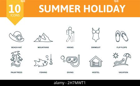 Summer Holiday icon set. Collection of simple elements such as the passport, tent, beach hat, mountains, swimsuit, palm trees, diving. Stock Vector