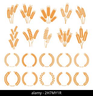 Laurel wreath and spikes of wheat, rye, barley, rice and millet. Vector cereal ears icons. Bread bakery yellow wheat stalks and grains. Agriculture fa Stock Vector