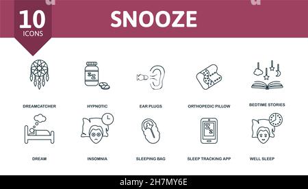 Snooze icon set. Collection of simple elements such as the alarm clock, night light, dreamcatcher, hypnotic, orthopedic pillow, dream, sleeping bag. Stock Vector