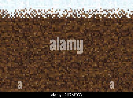 Cubic pixel game ice, snow and ground blocks, vector background pattern. 8bit pixel underground or craft soil and stone bricks with cubic texture, 8 b Stock Vector