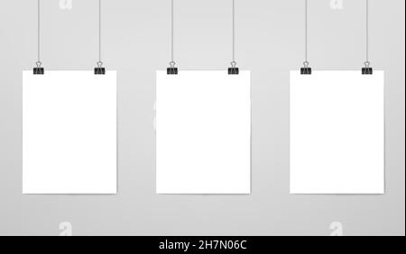 Hanging white paper sheet posters mockup, realistic 3d vector blank pages on strings in photo gallery. Isolated empty vertical boards mock up., frame Stock Vector