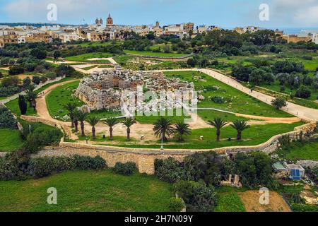 Bird's eye view of historic Neolithic Ggantija temple from temple complex of megalithic culture, Xaghra, Gozo Island Malta Stock Photo