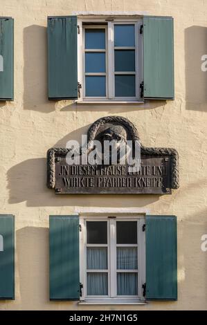 Memorial plaque, in this house Pastor Kneipp lived and worked in Bad Woerishofen, Swabia, Allgaeu, Bavaria, Germany Stock Photo