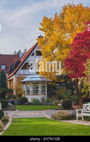 Villa with autumnal garden and pavilion in Bad Woerishofen, Swabia, Allgaeu, Bavaria, Germany Stock Photo
