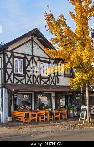 Half-timbered house with wine tavern in Bad Woerishofen, Swabia, Allgaeu, Bavaria, Germany Stock Photo