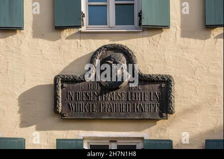 Memorial plaque, in this house Pastor Kneipp lived and worked in Bad Woerishofen, Swabia, Allgaeu, Bavaria, Germany Stock Photo