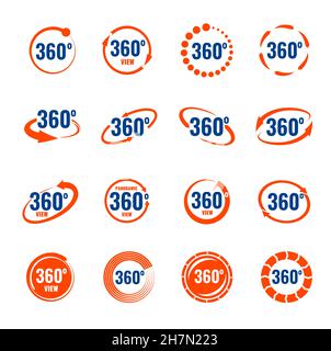 360 degrees virtual camera rotate icons, 3d perspective panorama. Vector angle view circles interface icons for virtual reality map or web design. Rot Stock Vector
