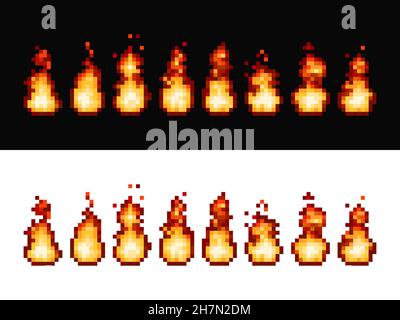 Fire flame pixel art animation sprite frames. 8bit game, cartoon torch motion set. Vector graphic explosion or burning ignition effect for videogame i Stock Vector