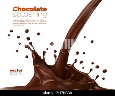 Isolated chocolate or cocoa milk vector flow with crown splash, splatters and drops on white background, sweet dessert food or drink. Pouring liquid c Stock Vector