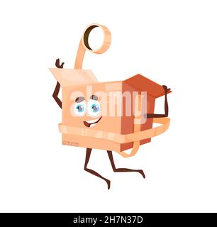 Cartoon cardboard wrapping with adhesive tape vector character. Cute mail or post personage, funny kawaii mascot, parcel packing customer delivery. Pa Stock Vector