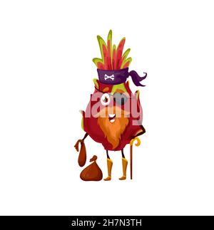 Dragonfruit pirate emoticon with eye patch, treasure coins in bag, hook hand isolated cartoon character. Vector red pitaya, exotic tropical fruit cors Stock Vector