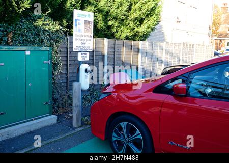 Charging port and parking to charge an electric vehicle at a Tendring District car park in Clacton on Sea. Stock Photo