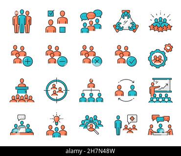 Business team. Discussion, management and brainstorm, meeting and recruitment outline vector icons. Groups of people, teamwork, human resource, partne Stock Vector