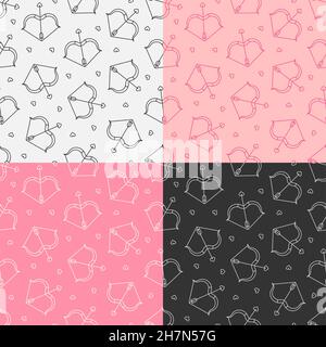 set of seamless patterns with Cupid bow with stretched title and arrow with heart shaped arrowhead. Valentines day. Ornament for decoration and printi Stock Vector
