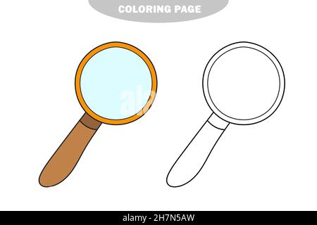 Simple coloring page. Coloring book, magnifying glass vector image for kids. Color and black and white version Stock Vector