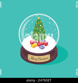 3D Merry christmas glass ball with Christmas tree and gift boxes. Vector illustration Stock Vector