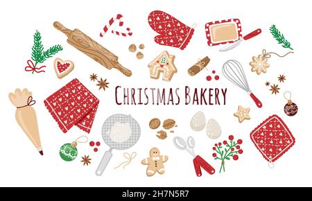 Set of Christmas Baking elements isolated on white background.Preparing for the winter holidays, home baking in winter.Vector flat illustration.Ginger Stock Vector