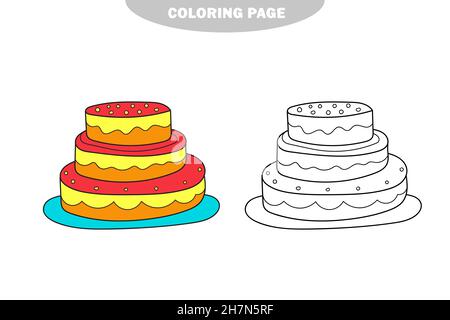 Simple coloring page. Coloring book with cake. Sketch on white. Vector for kids. Color and black and white version Stock Vector