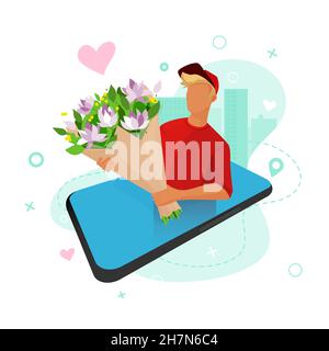Flower delivery through an online store. A guy is holding a bouquet of flowers. Fast delivery of fresh flowers. Stock Vector