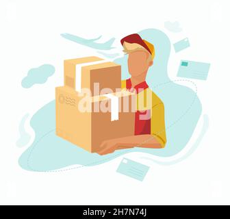 A man in a post office uniform holds two parcels for home delivery. Home delivery of parcels. Stock Vector