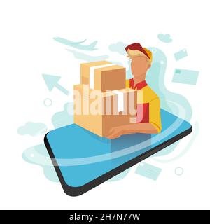 Tracking the location of the parcel through a mobile app. Always know where your parcel is. The postman holds the boxes in his hands. Stock Vector