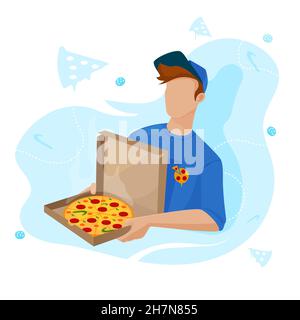 Pizza delivery to your home. The guy brought pizza and salami to the house. An open package with a round pizza. Stock Vector